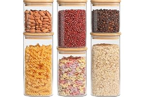 ComSaf Airtight Glass Storage Canister with Bamboo Lid (650ML/1.1L/1.5L) Set of 6, Clear Food Storage Container Kitchen Pantr