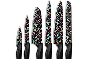 Astercook Knife Set, 12 Pcs Geometric Figure Kitchen Knife Set, 6 Anti-Rust Coating Stainless Steel Kitchen Knives with 6 Blade Guards, Dishwasher Safe Perfect Gifts for Mothers Day