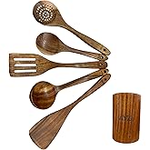 Wooden Spoons for Cooking, Wooden Cooking Utensils Set, Nonstick Kitchen Cookware – 5-piece set of wooden utensils with holder