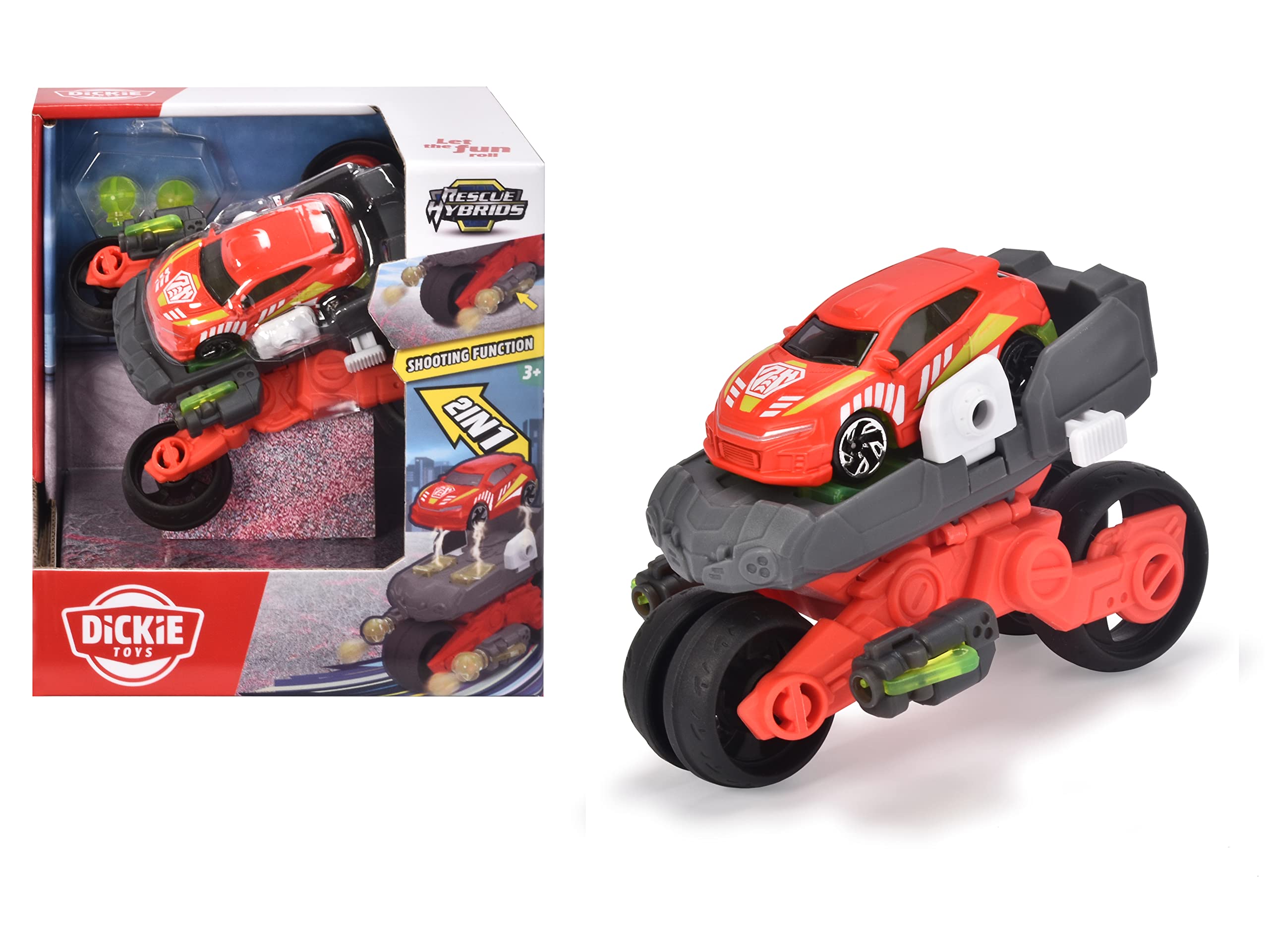 Dickie Rescue Hybrids Drone Bike - Hot red and white sports car vehicle accurately scaled to 1:64, 12cm, Clear