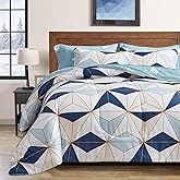 Flysheep Bed in a Bag 7 Pieces Queen Size, Navy Blue Triangles Geometric Pattern Printed Microfiber Comforter Sheet Set (1 Comforter, 1 Flat Sheet, 1 Fitted Sheet, 2 Pillow Shams, 2 Pillowcases)
