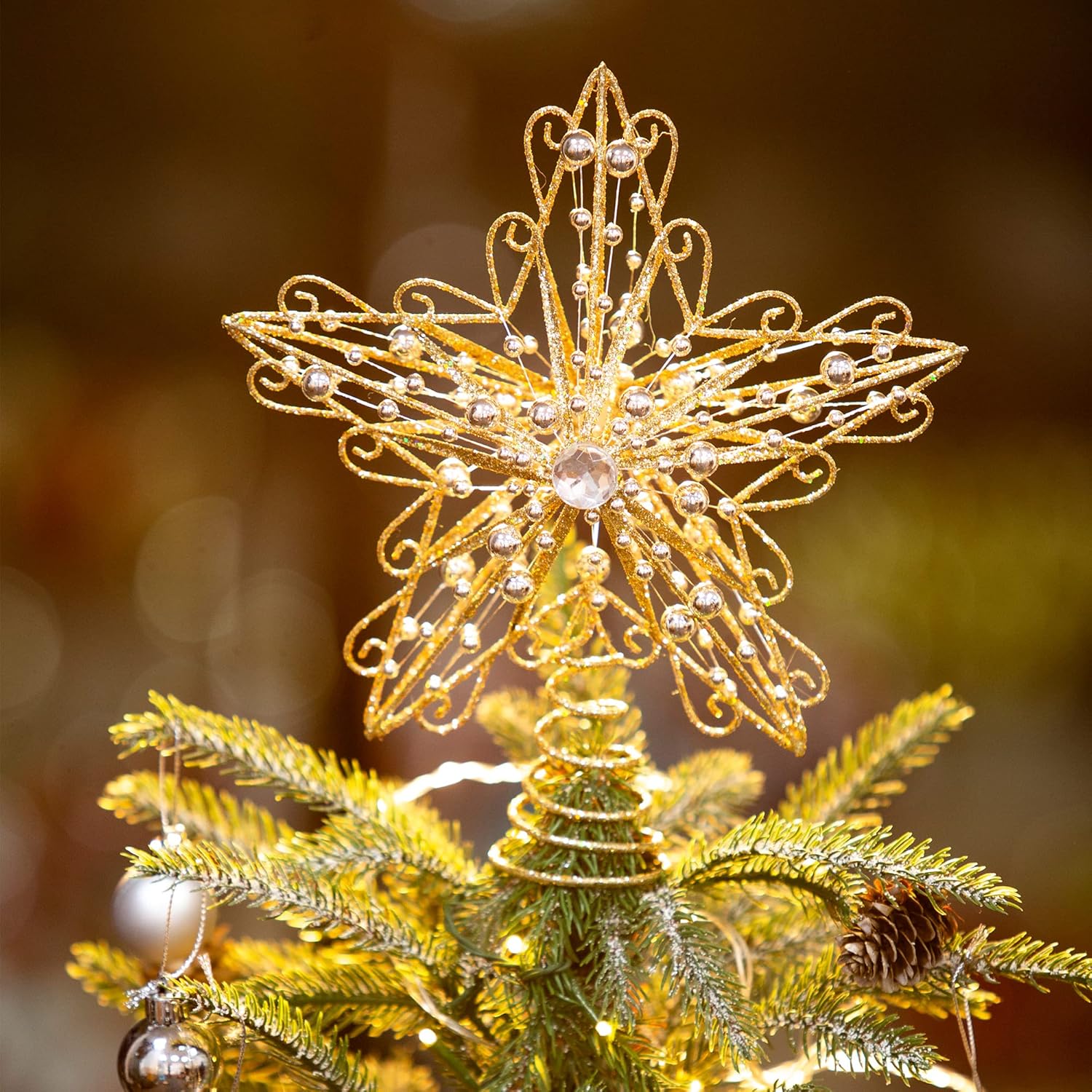 Tree Toppers - Suixing Christmas Tree Topper 8 INCH Wire Five-Pointed Star Treetop Party Supplies Xmas Decor Home Hotel Office Gold