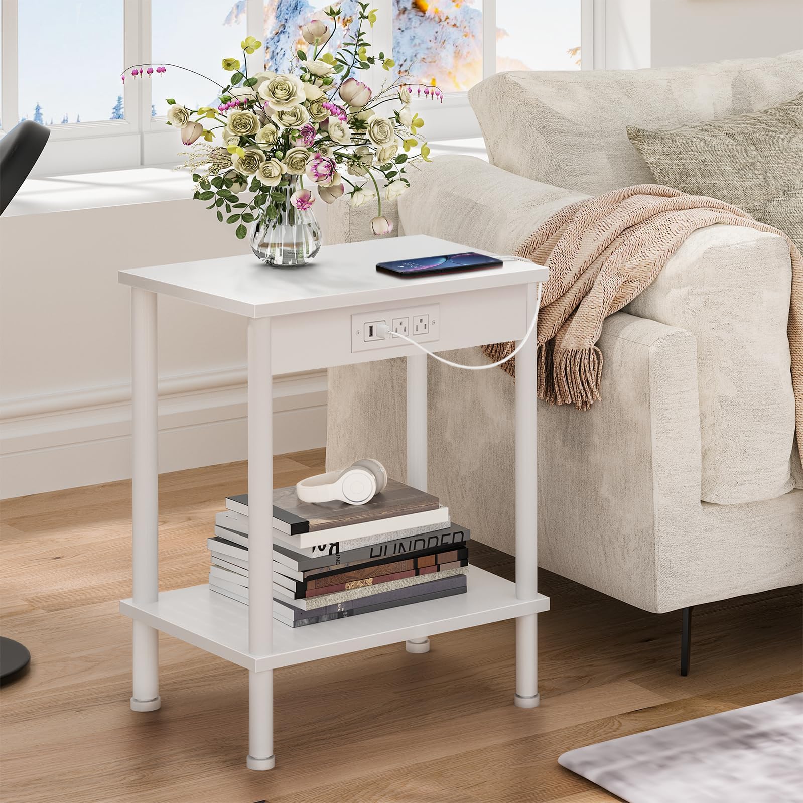 Photo 1 of YUFAM End Table with Charging Station,Small Side Table,2-Tier Nightstand with Storage Shelf,Sofa Bedside Table for Small Spaces in Living Room,Bedroom,Office,Easy Assembly,White
