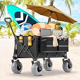 Beach Wagon with Big Wheels for Sand with 9" All Terrain Inflatable Tires | Adjustable Handle Cooler &amp; Storage Bags Oversized 180L Foldable Beach Cart for Camping Outdoor Grocery Shopping Garden Sports