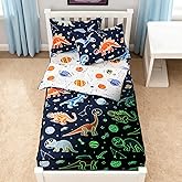 NTBED Space Dinosaur Zipper Bedding Sets Twin for Kids Boys Lightweight Glow in Dark Comforter Set with Fitted Sheet Pillow Covers,Navy