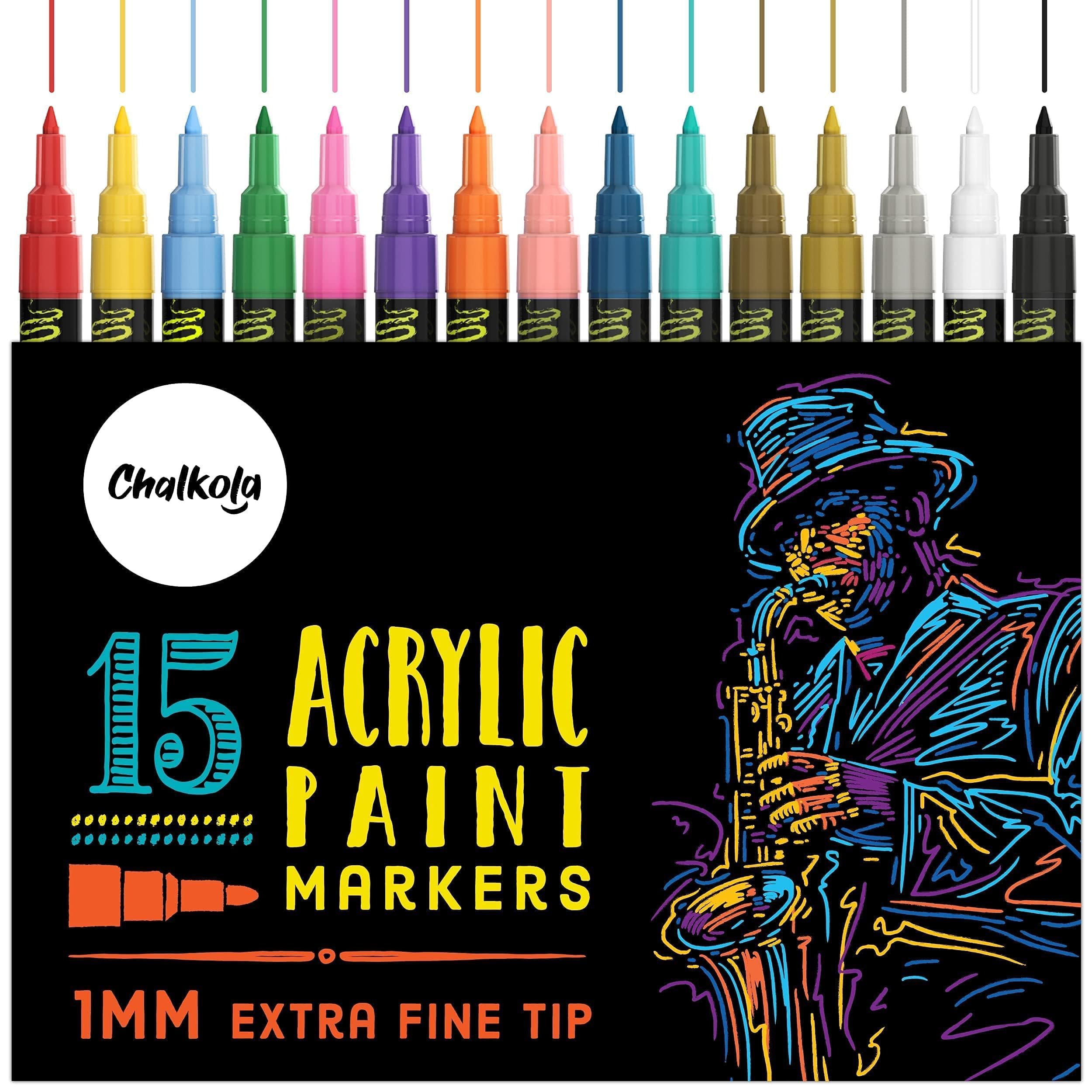 Chalkola Acrylic Paint Pens For Rock Painting, Wood, Glass, Canvas, Ceramic & Fabric Pens - Set of 15 Extra Fine Tip Acrylic Paint Markers (1mm) Waterproof Ink, Art Supplies for Kids & Adults
