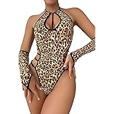 WDIRARA Women's Leopard Print Cut Out Halter Backless Sexy Lingerie Teddy Bodysuit with Oversleeves