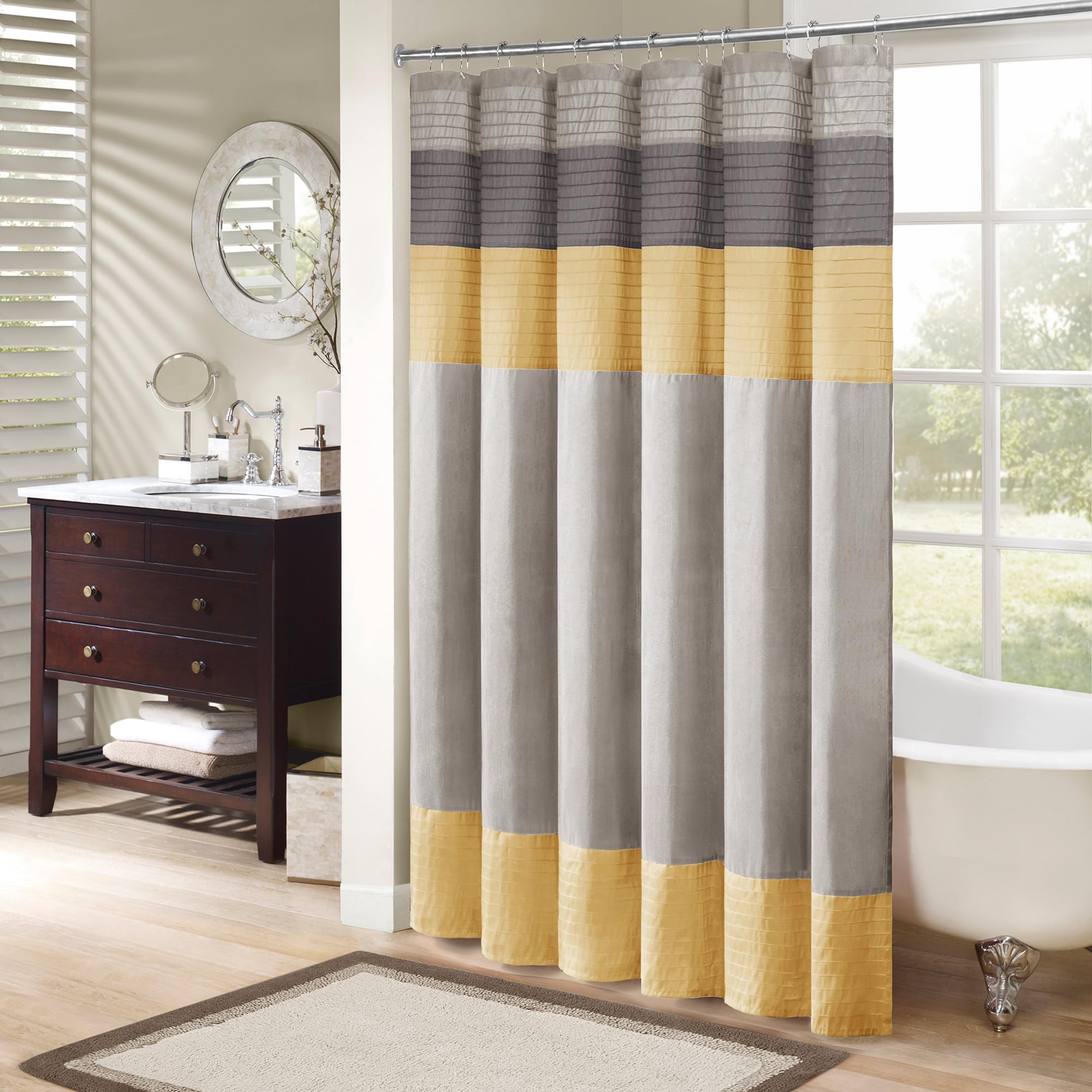 Madison Park Amherst Bathroom Shower Curtain Faux Silk Pieced Striped Modern Microfiber Bath Curtains, 72x84 Inches, Yellow Image