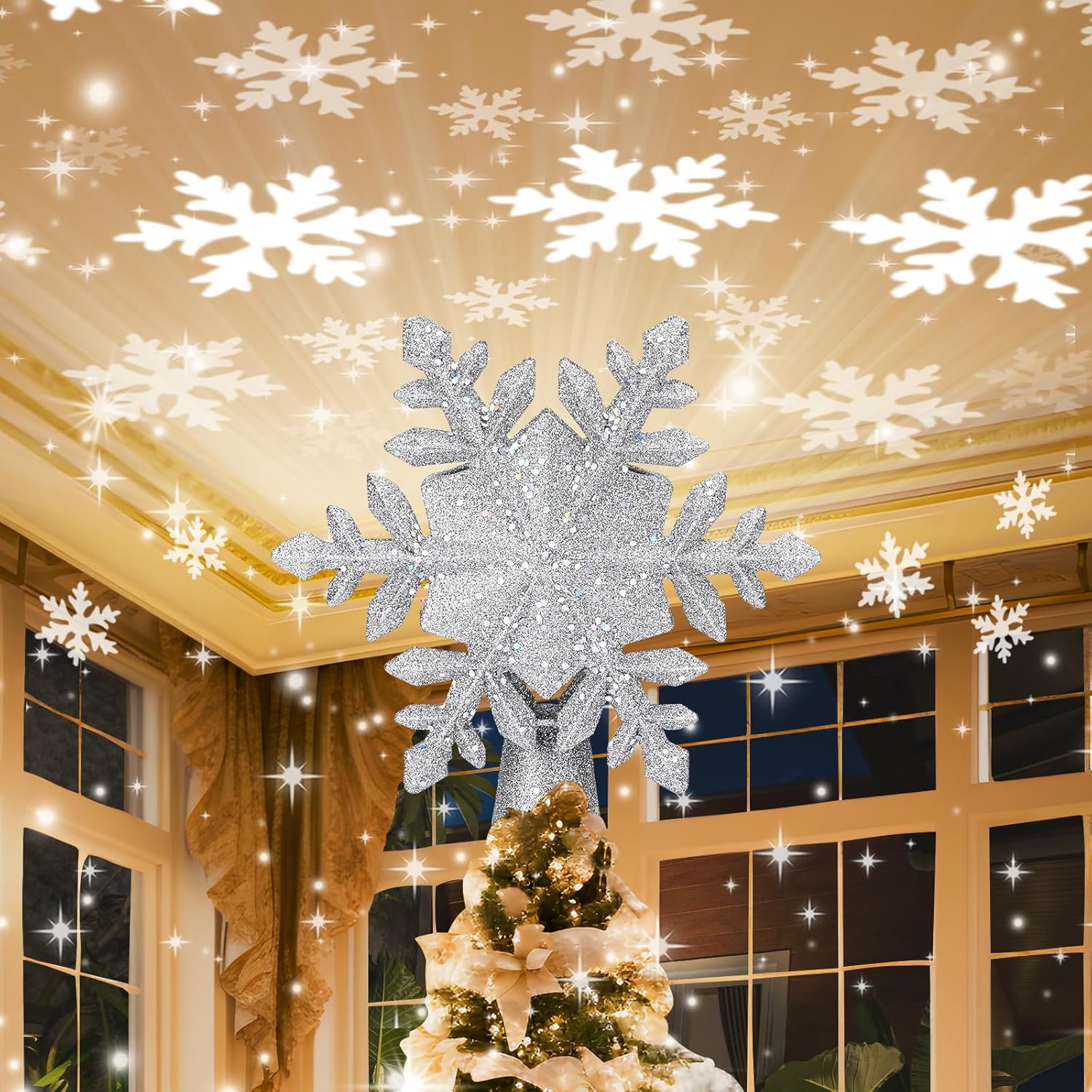 Tree Toppers - Christmas Tree Topper Lighted with 6 Projection Slides, Snowflake Christmas Tree Topper LED Rotating 3D Lighted Tree Toppers Glitter Tree Topper Projector for Christmas Tree(Silver)