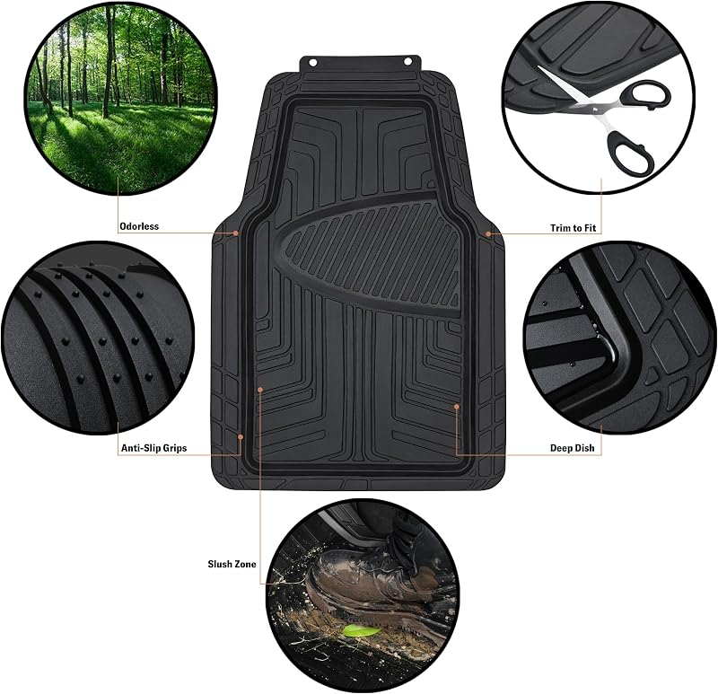 Lot de 2 tapis de sol en caoutchouc pour voitures, SUV et camionnettes Toutes saisons Noir