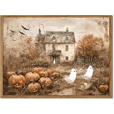Framed Vintage Halloween Ghost Canvas Wall Art, Cute Ghost Pumpkin Wall Decor Paintings, Gothic Dark Academia Pictures Prints, Spooky Fall Haunted House Home Decor for Living Room Bedroom 16x24 inch