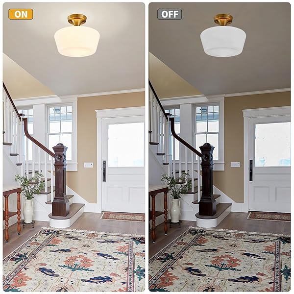 YOUNGRENDER SCHOOLHOUSE LIGHT FIXTURE MODERN GOLD CEILING LIGHT,SEMI FLUSH MOUNT CEILING LIGHT,12”WIDE OPAL MILK GLASS SHADE,BRASS VINTAGE LIGHT FOR FARMHOUSE BEDROOM KITCHEN HALLWAY ENTRYWAY