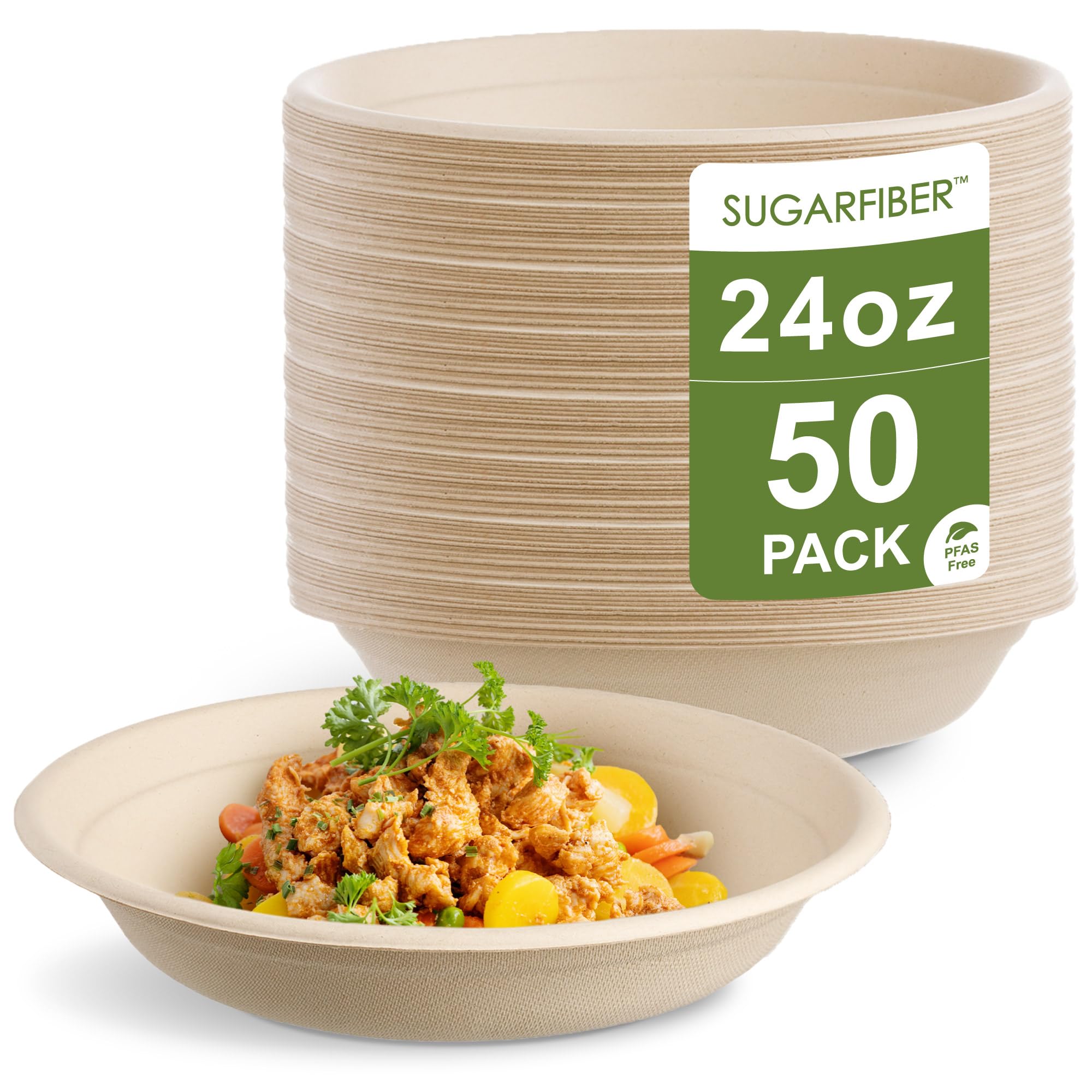 Photo 1 of [50 COUNT]Sugarfiber by Harvest Pack PFAS FREE 24oz Round Paper Bowls - Compostable Heavy-Duty Eco-Friendly Disposable Bagasse Bowl sugarcane made plant fibers for Meal Prep