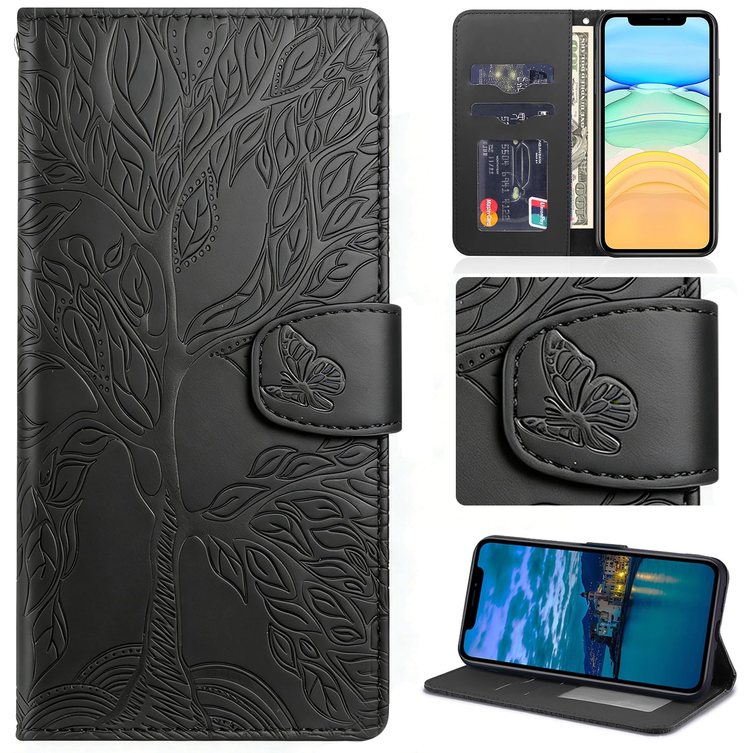 Aisenth for iPhone 6 Plus/6s Plus Flip Case, The Tree of Life Embossed PU Leather Wallet Phone Folio Case Magnetic shockproof Protective Cover with Stand, Card Slots + 1 pcs Wrist Strap (Black) — image 1