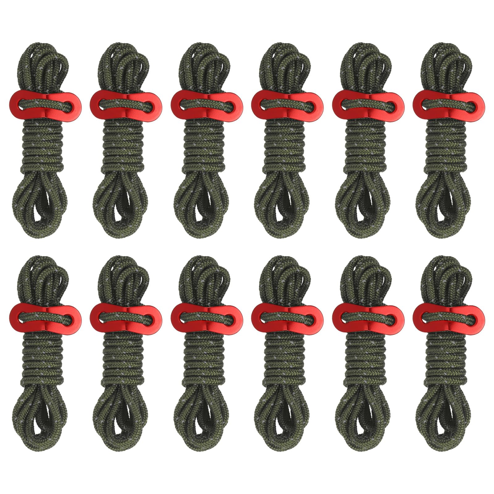 PATIKIL 4mm Tent Rope, 12 Pack 6.5ft Reflective Guyline Cord Tied Downs Rope Paracord Cord Camping Ropes with Red Aluminum Cord Adjusters for Camping Hiking Tent, Olive Green