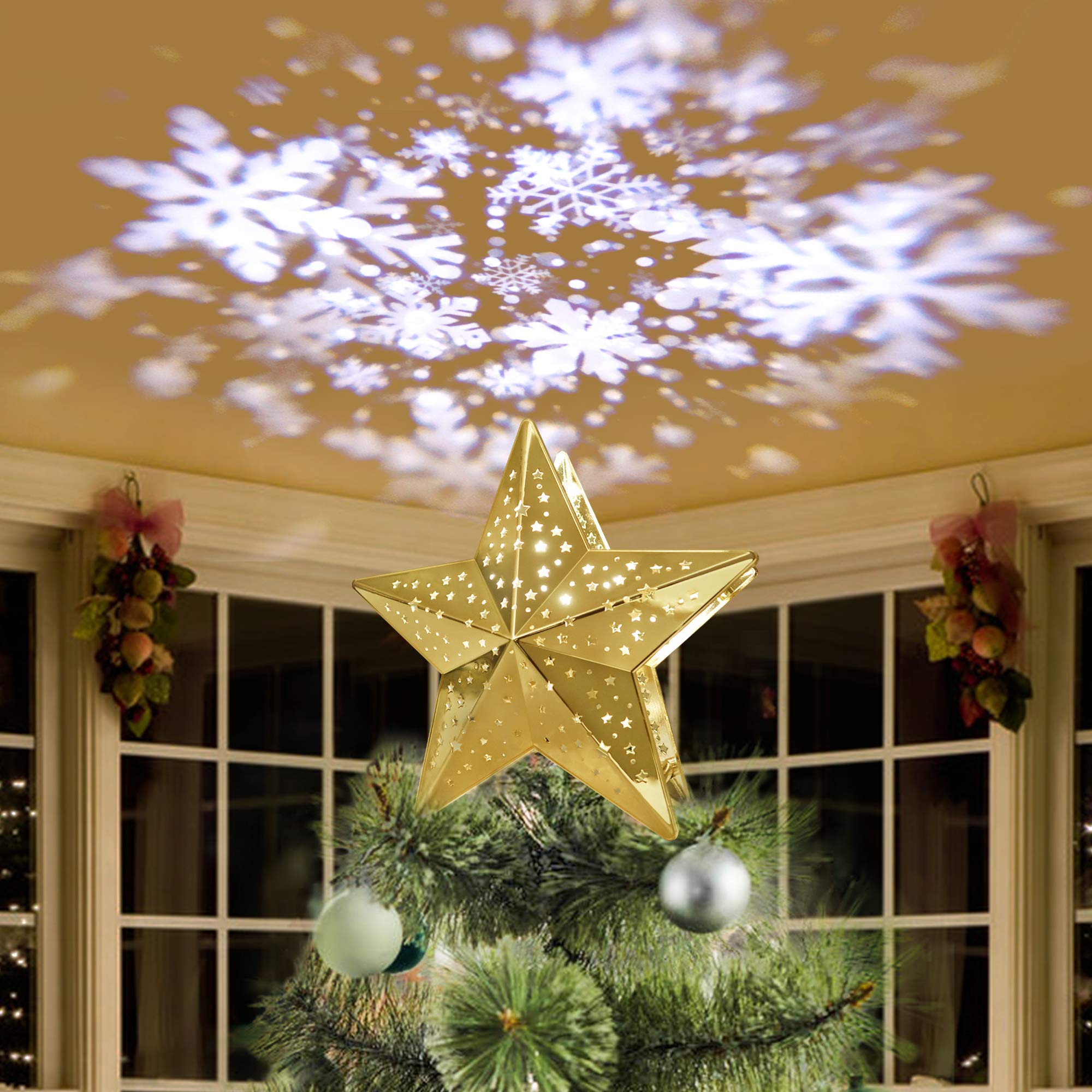 KPCB Tech Christmas Tree Topper Snowstorm Projection with Gold Metallic Surface