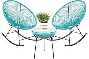 Best Choice Products 3-Piece Outdoor Acapulco All-Weather Woven Rope Patio Conversation Bistro Set w/Glass Top Table and 2 Rocking Chairs - Blue