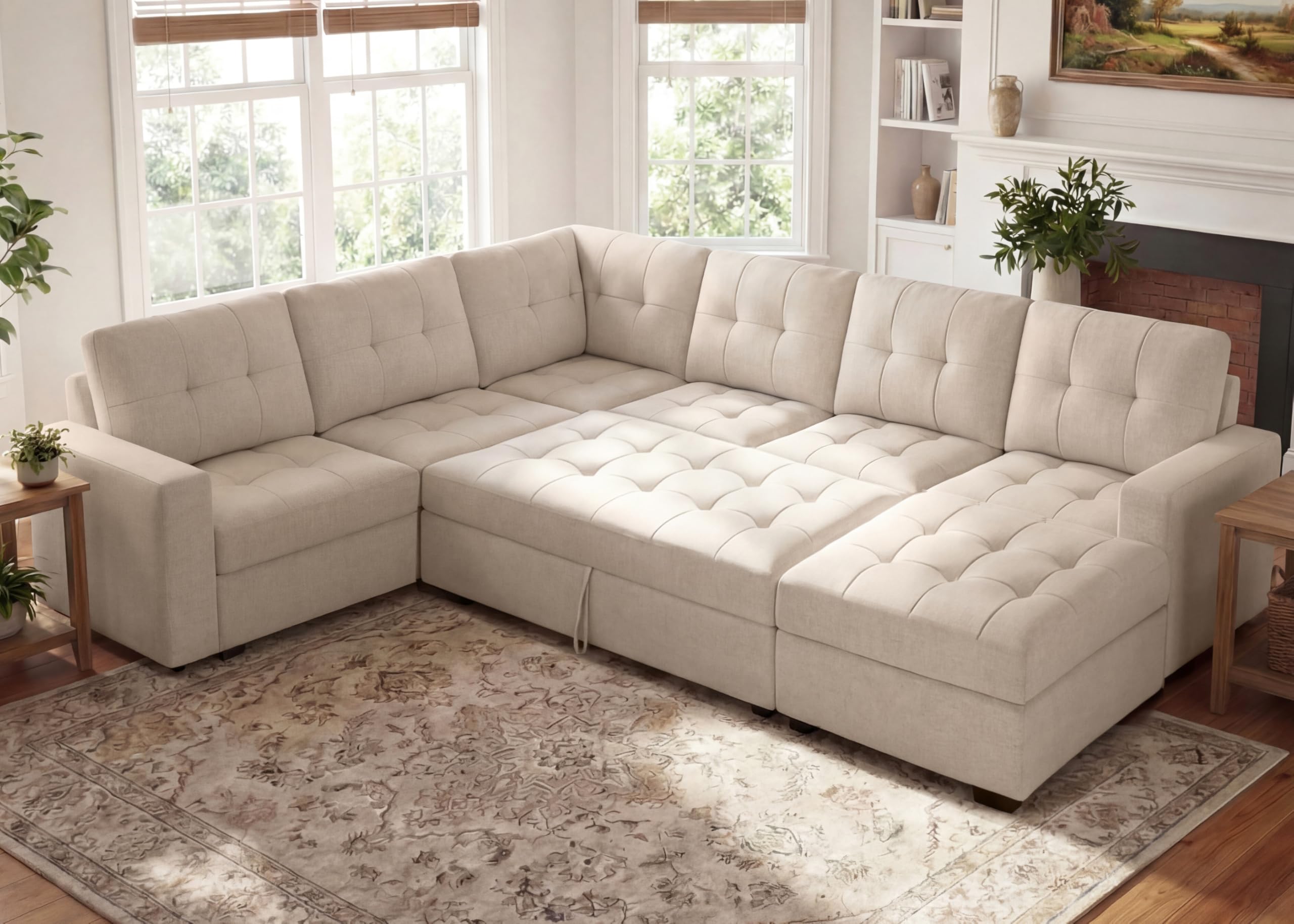 Photo 1 of (Parshall Set Cartin 1/5 and 4/5).....Leathaire Sectional Sleeper Sofa Pull Out Couch, U Shaped Sectional Couch, Sleeper Sofa Bed for Living Room, Beige