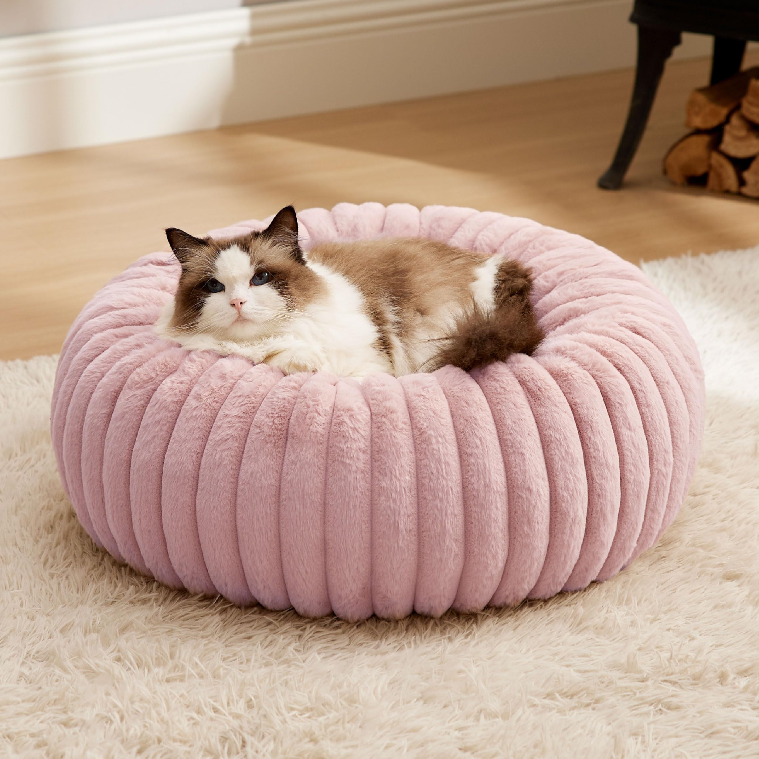 Bedsure ComfyFleece™ Cat beds for Indoor Cats - Donut Dog Beds for Small Dogs with Corduroy Fleece & Anti Slip Bottom, Faux Fur Pet Beds with Washable Removable Cover, Blush Pink, 20x20x6 inches Image