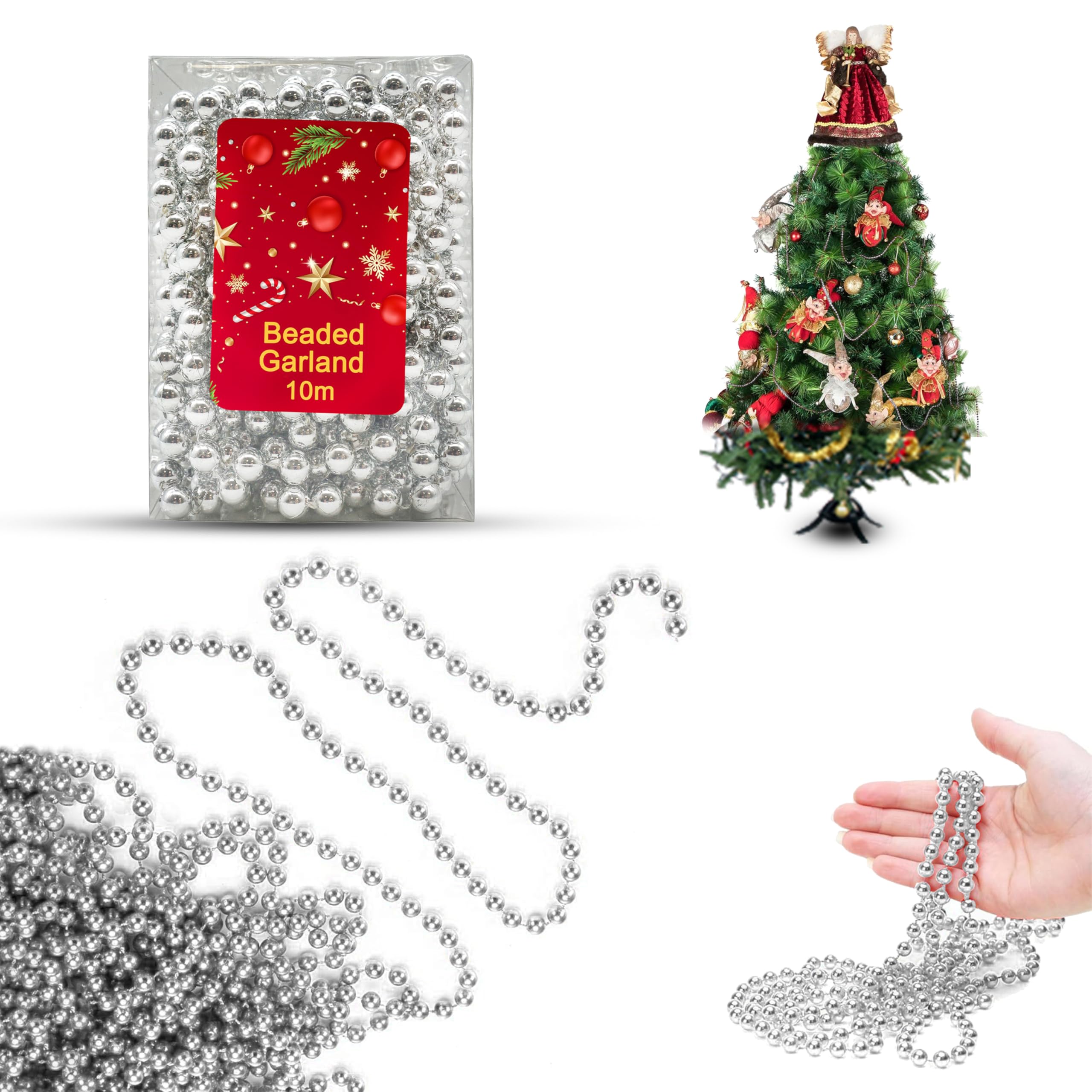 Silver Christmas Bead Garland 10M (33ft) – Metallic Bead Chain for Xmas Tree Decorations, Christmas Party, Wedding, Home Decor & Holiday Crafts