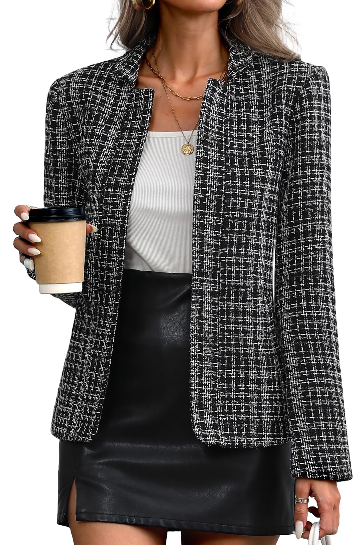 Photo 1 of ELLEVEN Womens Blazer Business Casual Suit Jacket Tweed Blazers for Women Slim Fit Fitted Long Sleeve Stand Collar Blazer Dressy Full Lining Coat Cardigan with Padded Shoulder Black Small
