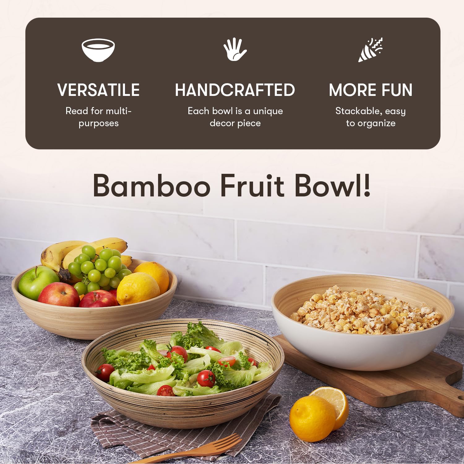 LEXA 12" Handmade Natural Bamboo Wooden Salad Bowl - 130 oz Lightweight Large Wooden Bowls for Food - Bamboo Wooden Fruit Bowl for Kitchen Counter, Wood Bowls for food - Wooden Serving Bowl for Snacks - Image 2