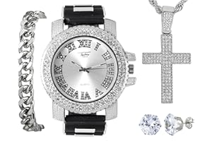 Techno Pave Men's Luxurious Watch with Iced Out Cross Necklace Set - Includes Cuban Bracelet & 8mm Diamond Studs - Quartz Movement