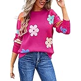 Angashion Womens Sweaters Flower Print - Crewneck Knitted Long Sleeve Sweaters Fall Winter Pullover Casual Top