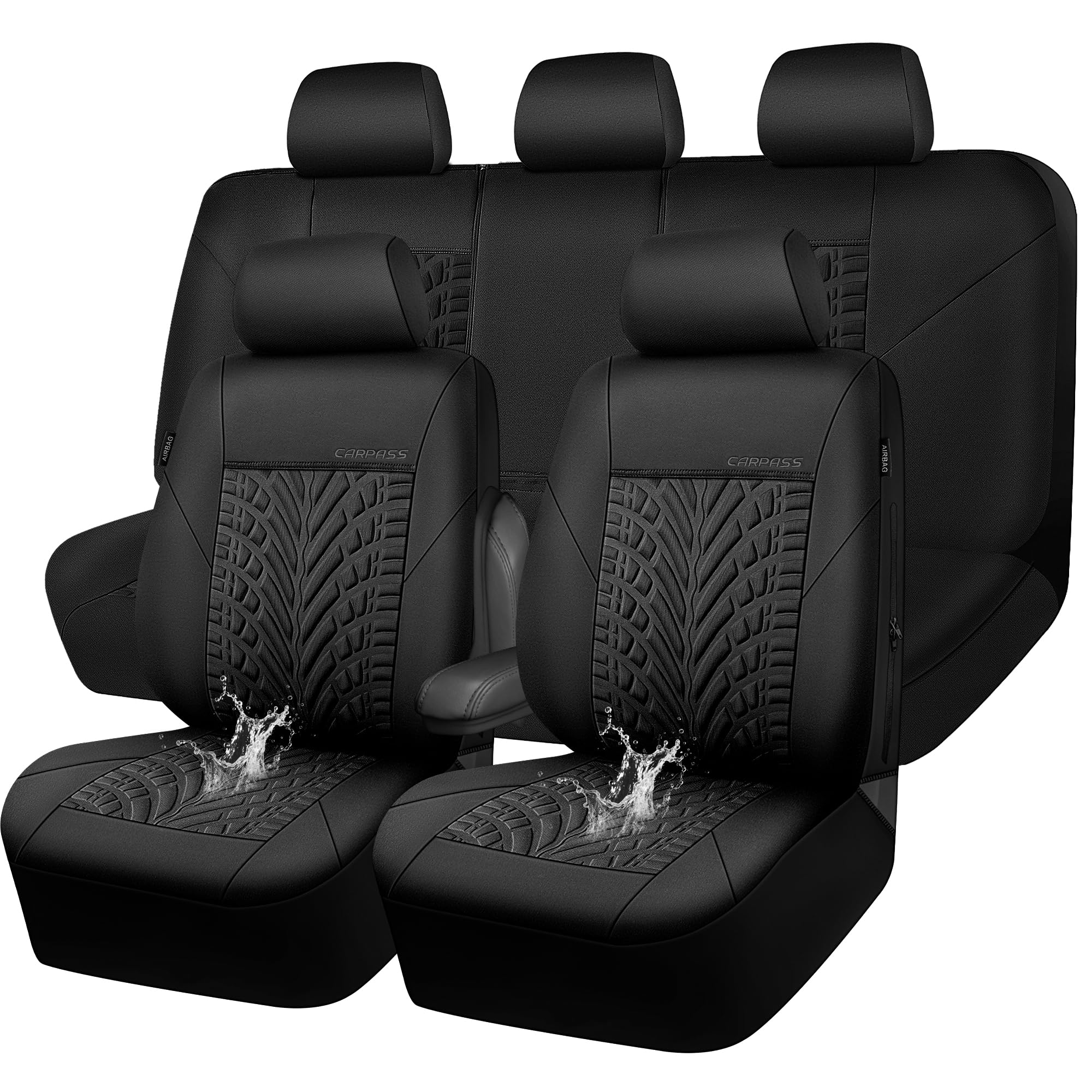 Photo 1 of CAR PASS Neoprene Waterproof Seat Covers Full Sets, Wetsuit Car Seat Covers 5 Seats Universal Fit for Vans, Truck, SUV, 3D Tyre Embossed Seat Covers Anti Slip with Armrests, Aibag Compatible(Black)