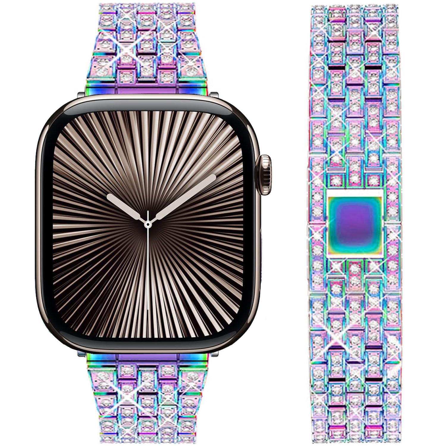 DEALELE Strap Compatible with iWatch 38mm 40mm 41mm, Rhinestone Diamond Metal Replacement Bands for Apple Watch Series 8/7 / 6/5 / 4/3 / SE Women Men, Rainbow, 38/40/41mm