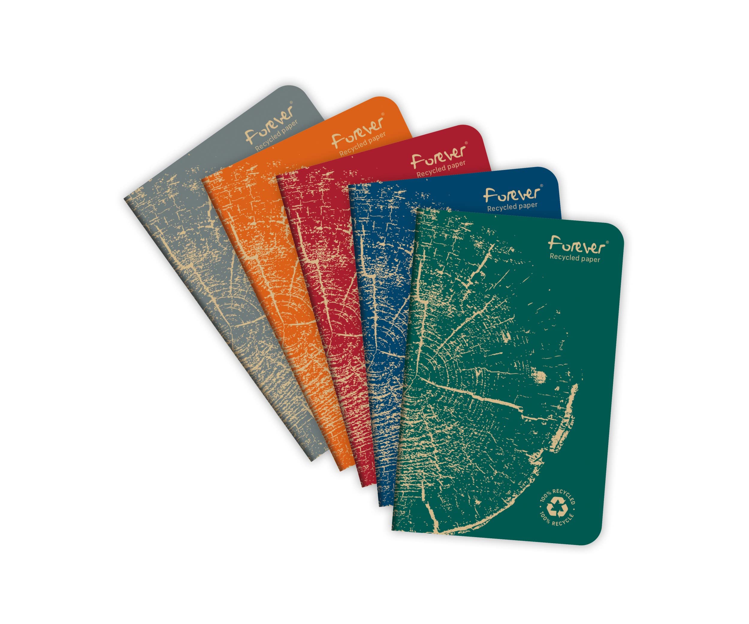 Clairefontaine 68496C Set of 5 Stapled Notebooks Forever Collection 100% Recycled - 9x14cm - 96 Lined Pages - White Paper 90g - Card Cover - Random Colours