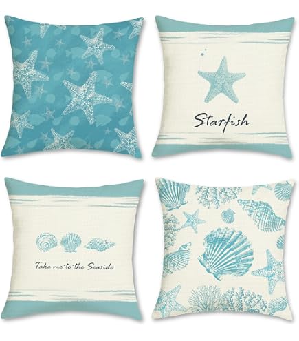 COZZSNUGE Coastal Cushion Covers — Set Of 4 Velvety 45x45 Cm Pillowcases With Sea Turtle, Starfish & Seahorse Prints