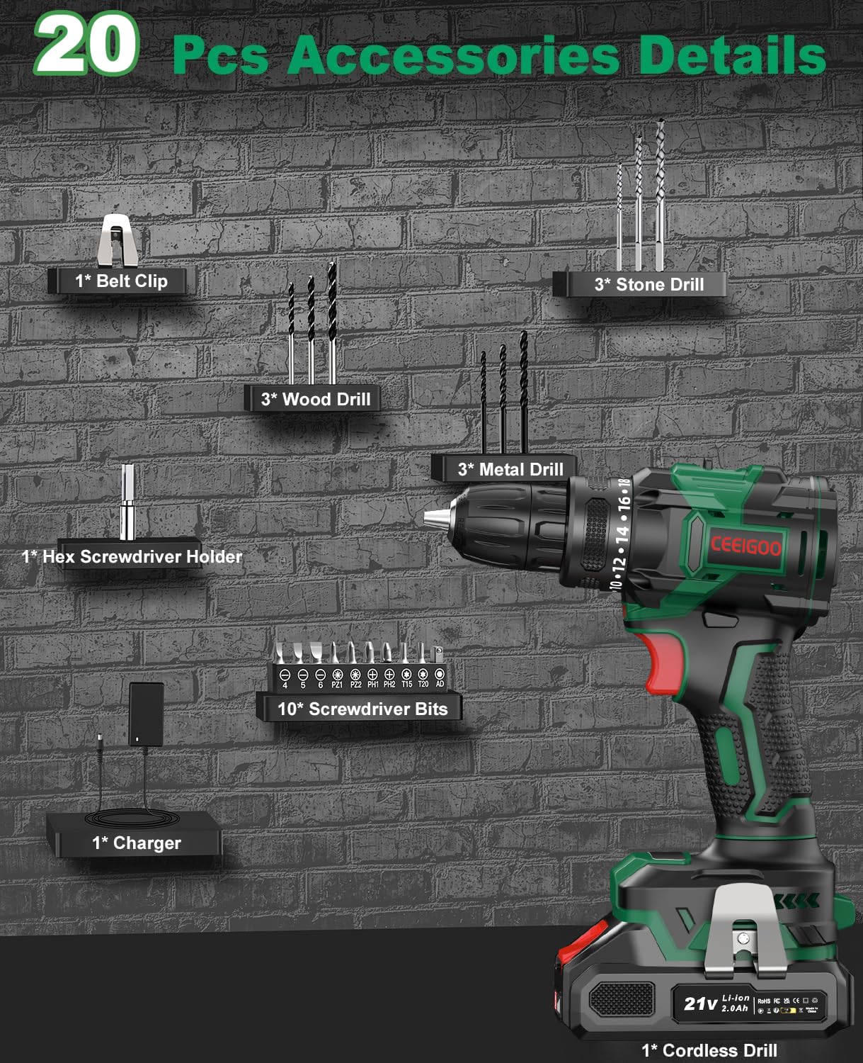 Akkuschrauber Bürstenlos 21V, CEEIGOO Akku Bohrschrauber mit Akku 2000mAh, 42N.m Akku Bohrmaschine, 2 Gang, 18+1 Drehmomentstufen, LED Licht, 20 tlg Zubehöre Set für Haus und Garten DIY Projekt 8