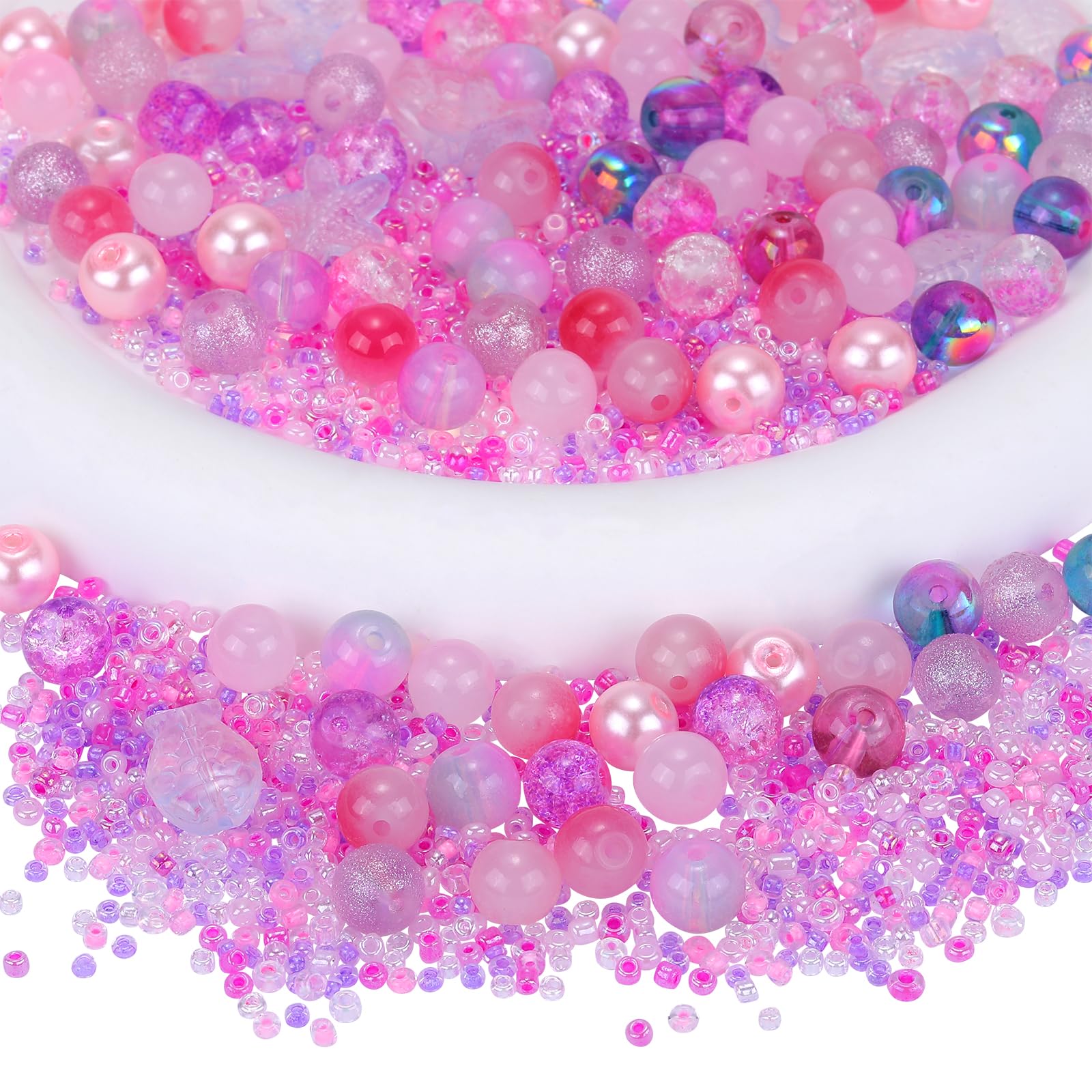 BEEFLYING 700pcs Glass Beads Jewelry Making Kit Assorted Crystal Round DIY Beads with Ocean Beads and Seed Beads for Bracelets Necklaces Earrings Making (Pearl Pink)