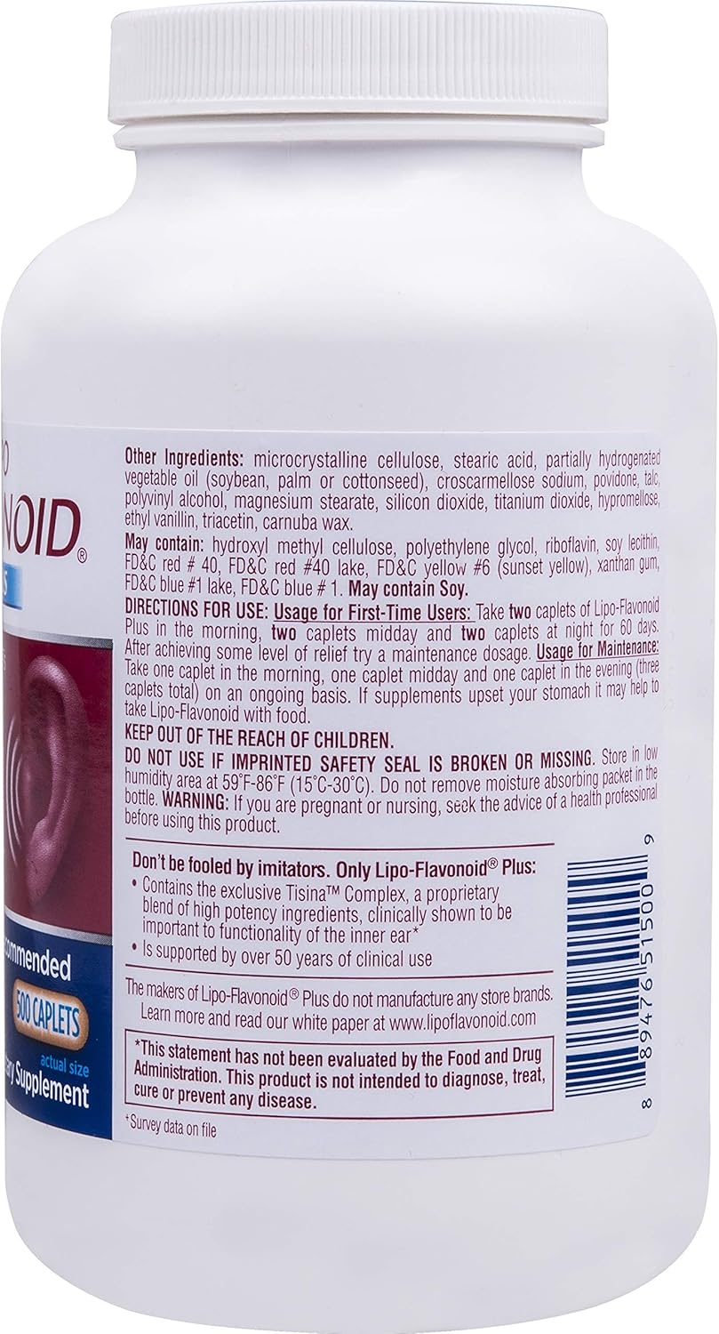 Lipo-Flavonoid Plus Ear Health Supplement | 500 Caplets | #1 ENT Doctor Recommended for Ear Ringing | Most Effective Over the Counter Tinnitus Treatment: Health & Personal Care