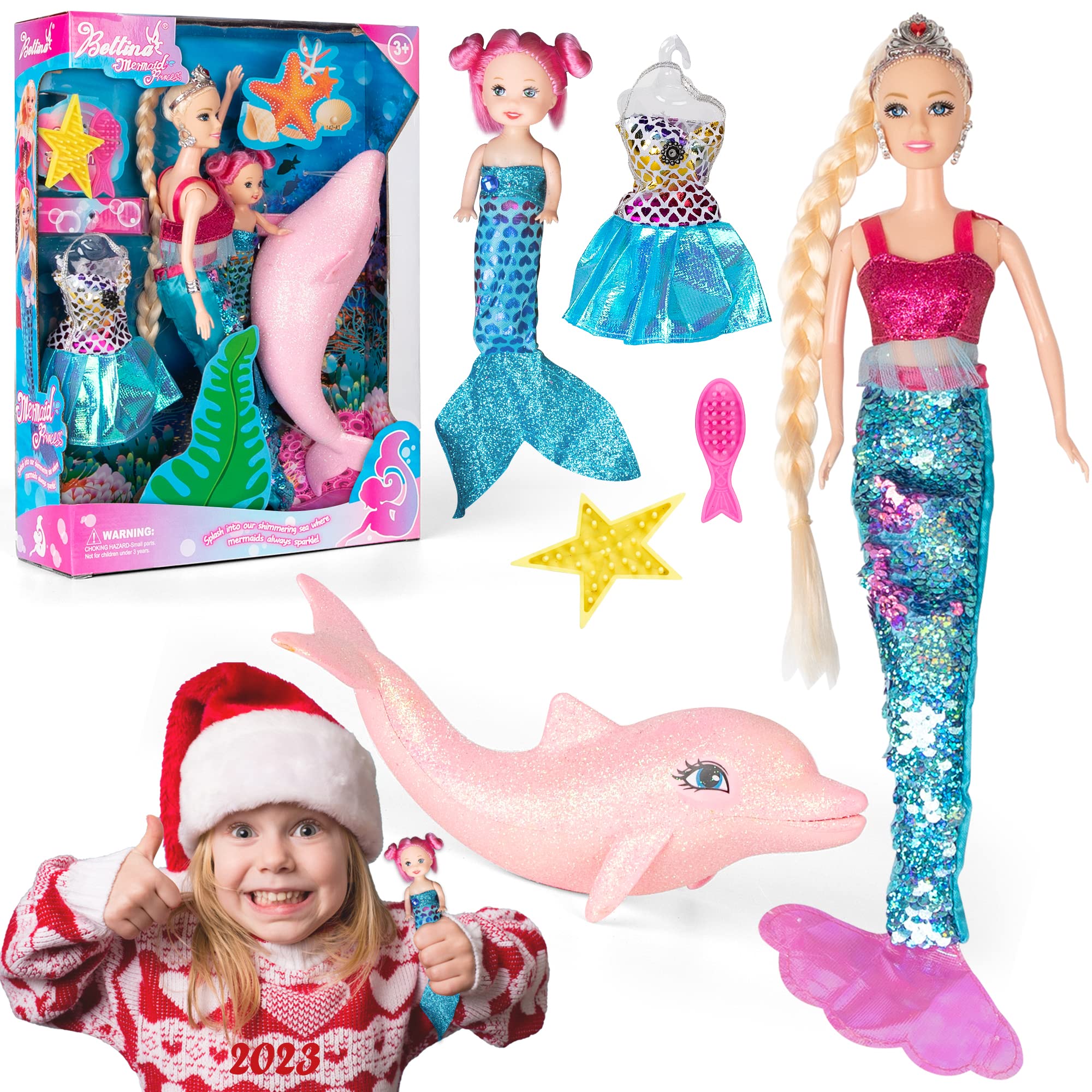 Princess Doll with Little Mermaid & Pink Dolphin Playset, Blonde Hair Dolls Toys with Accessories, Gift for 3 to 7 Year Old Girls
