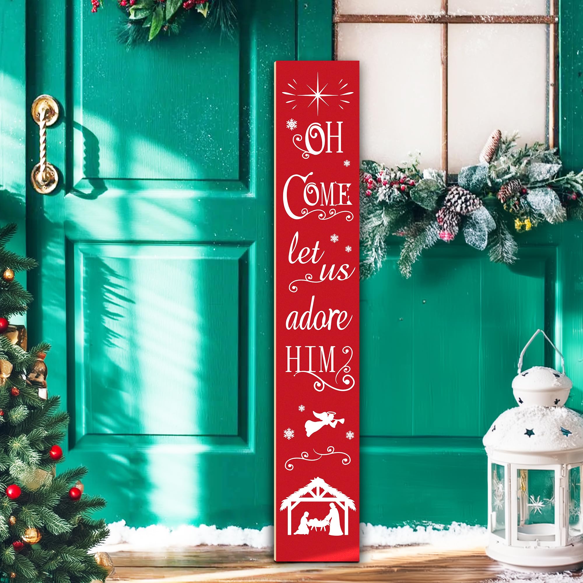 Photo 1 of "Oh Come Let Us Adore Him" Christmas Porch Sign – 7.8" x 47.2" Rustic Farmhouse Welcome Sign for Front Door, Porch, Patio, or Wall, Indoor/Outdoor Vertical Holiday Decor