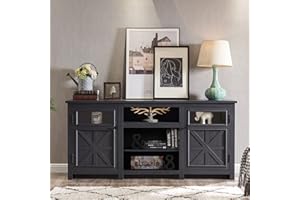JXQTLINGMU Farmhouse TV Stand for 75 Inch TV, Entertainment Center with Storage, Rustic TV Cabinet with Barn Doors, 66" TV Console for Living Room, Adjustable Shelf - Black