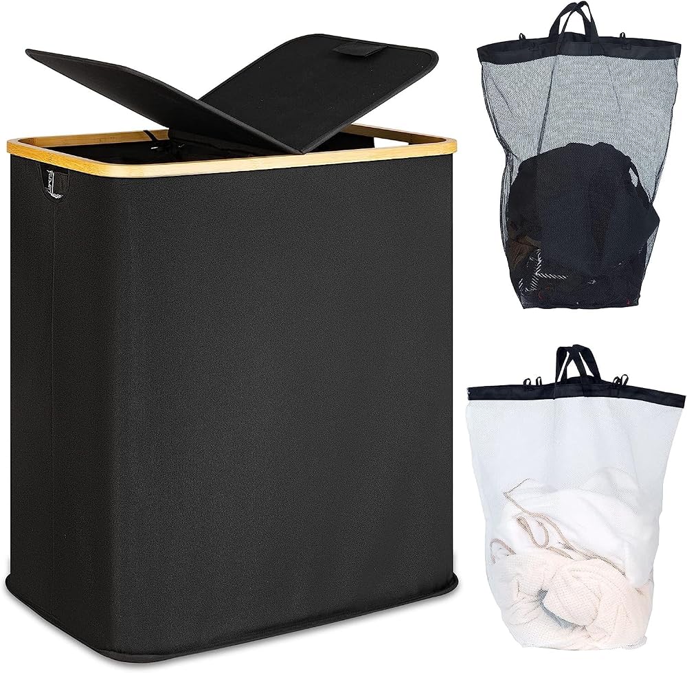 efluky 140L Laundry Basket with Lid 2 Compartments Removable Bags Black