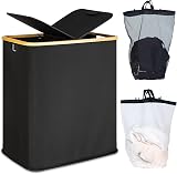 efluky 140L Laundry Basket with Lid 2 Compartments Removable Bags Black