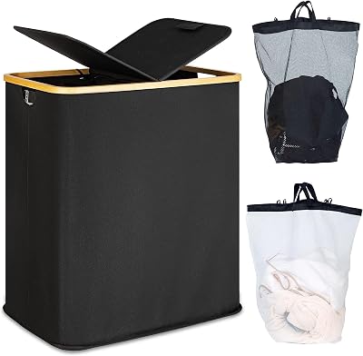 efluky 140L Laundry Basket with Lid 2 Compartments Removable Bags Black