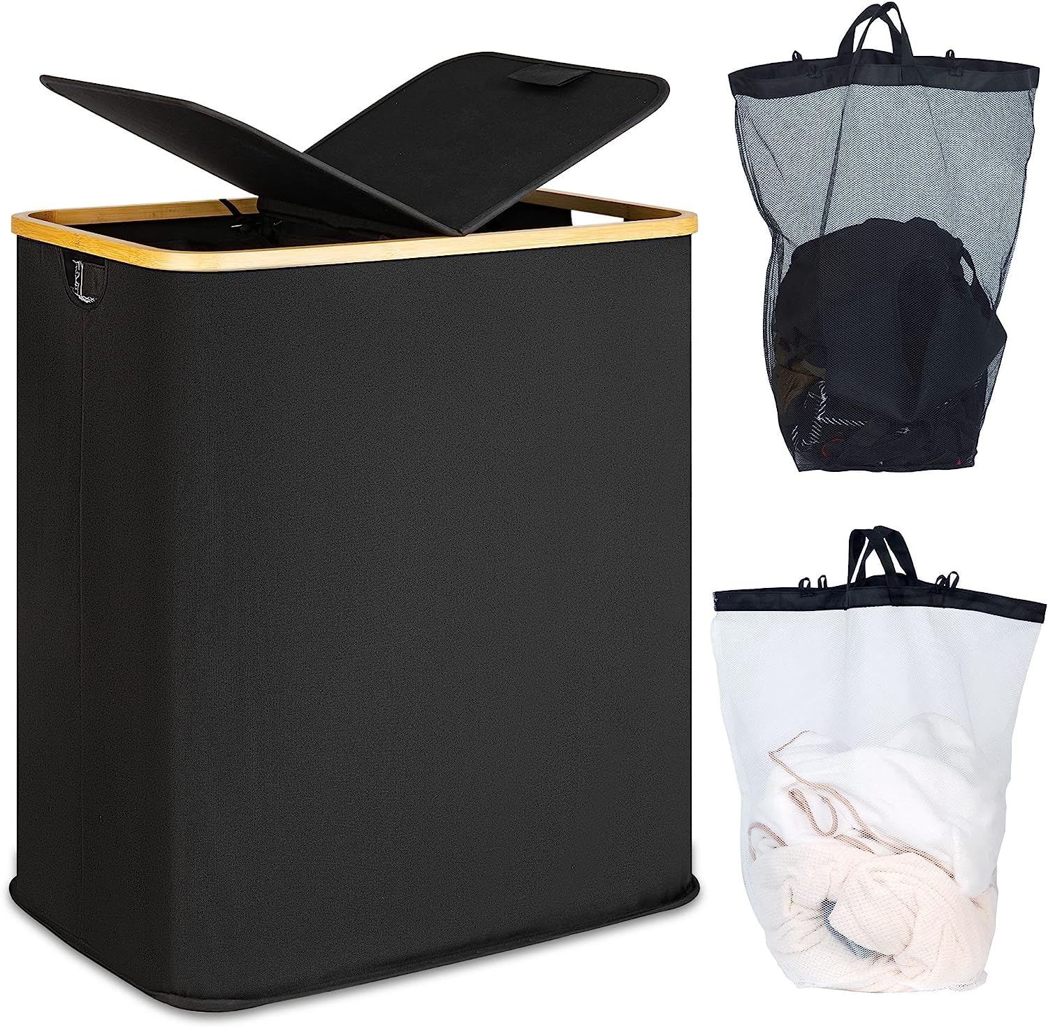 efluky Laundry Basket with Lid 140L 2 Compartments Extra Large Washing Baskets for Laundry, Laundry Bin Linen Cloth Basket with 2 Removable Laundry Bags, Black