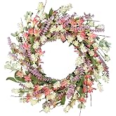 Orilium 24 Inch Spring Summer Wreath for Front Door &ndash; with Colorful Flowers &amp; Green Leaves &ndash; Indoor Outdoor Farmhouse Porch Window Wall Decor, All-Season