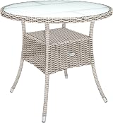 CASARIA Round Coffee Table 80cm Poly Rattan Glass Top Beige