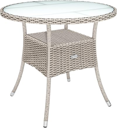 CASARIA Round Coffee Table 80cm Poly Rattan Glass Top Beige