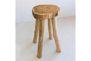 SANDSTONE & SAGE Teak Wooden Stool Side Table, Small Nightstand for Small Spaces, Handmade Natural Live Edge Top Plant Stool, Great Stools for Bathroom, Bedside Table, or Bath Caddy, 18" Tall, Made in The USA