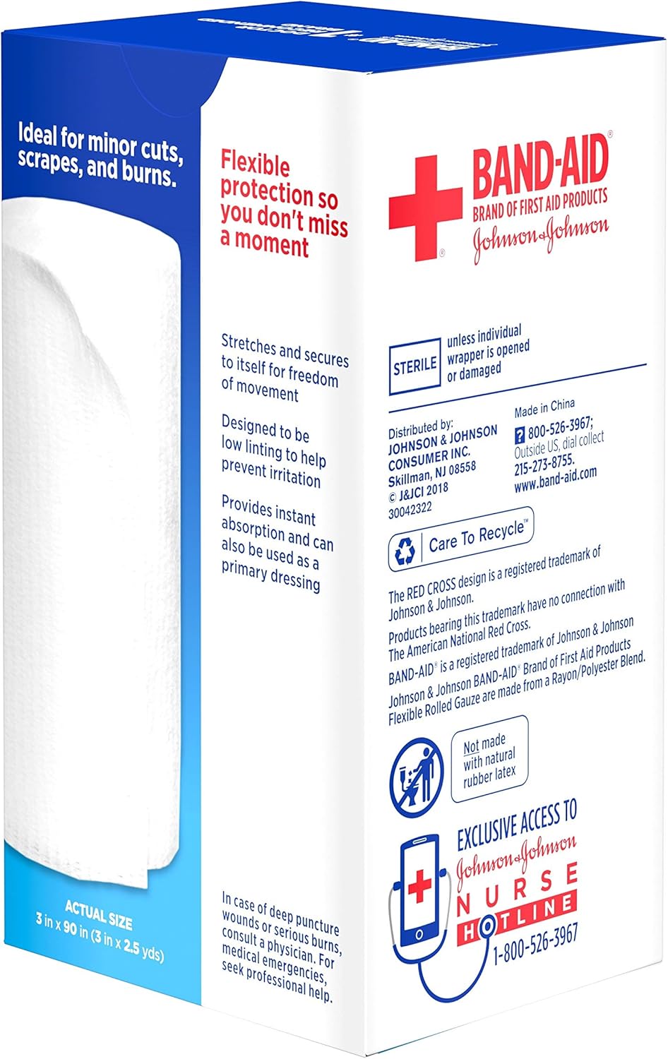 Bandaid First Aid 3 in X 2.5 yds Rolled Gauze 1 ct: Health & Personal Care