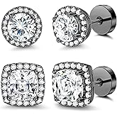FASACCO 14K Flat Back Round Square Stud Earrings for Men Women Large Big Cubic Zirconia Stud Earrings Mens Earrings Flatback Earrings