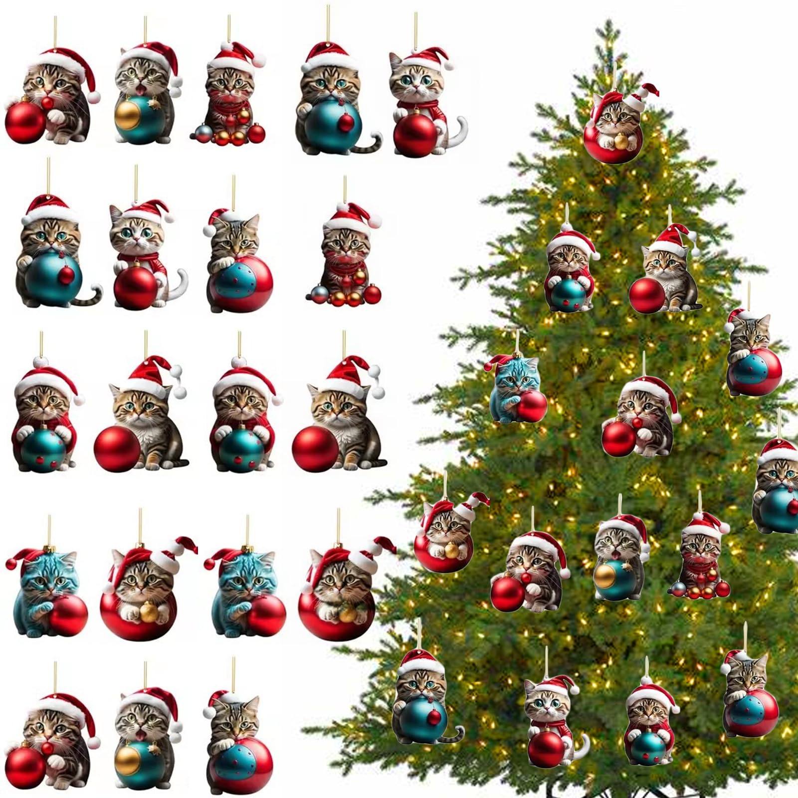 TYXHXTF 20Pcs Acrylic Cat Christmas Ornament, Cute Cat Hanging Pendants for Christmas Tree Wall Window Car Xmas Party Decor