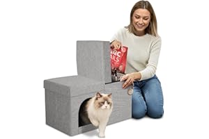 PATHOSIO PETS 2-in-1 Hidden Cat Litter Box Enclosure – Modern Furniture with Litter Box Included, Odor-Control Tray, Toy Storage, and Waterproof Liner – for All Indoor Cat Breeds
